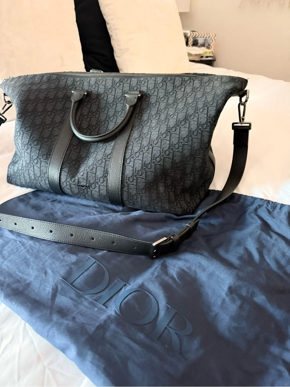 Dior Gray Monogram Canvas Duffel with Leather Trim